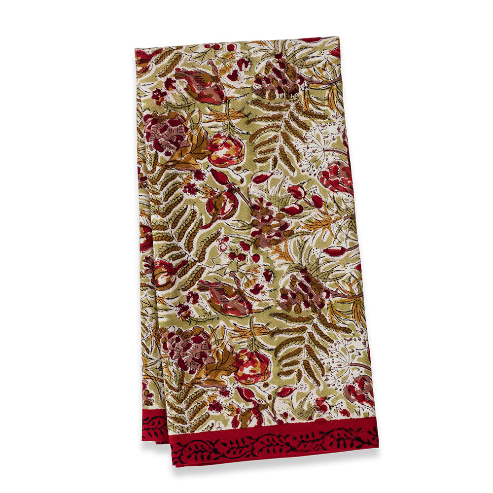 Front view of Winter Garden Wreath Tea Towels Red and Green, Set of 3 showcasing a botanical pattern and red borders on white
