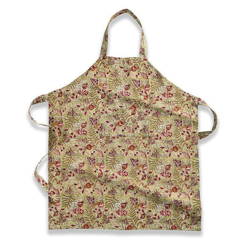 Front view of Winter Garden Wreath Apron Red & Green showcasing its floral pattern with a white background