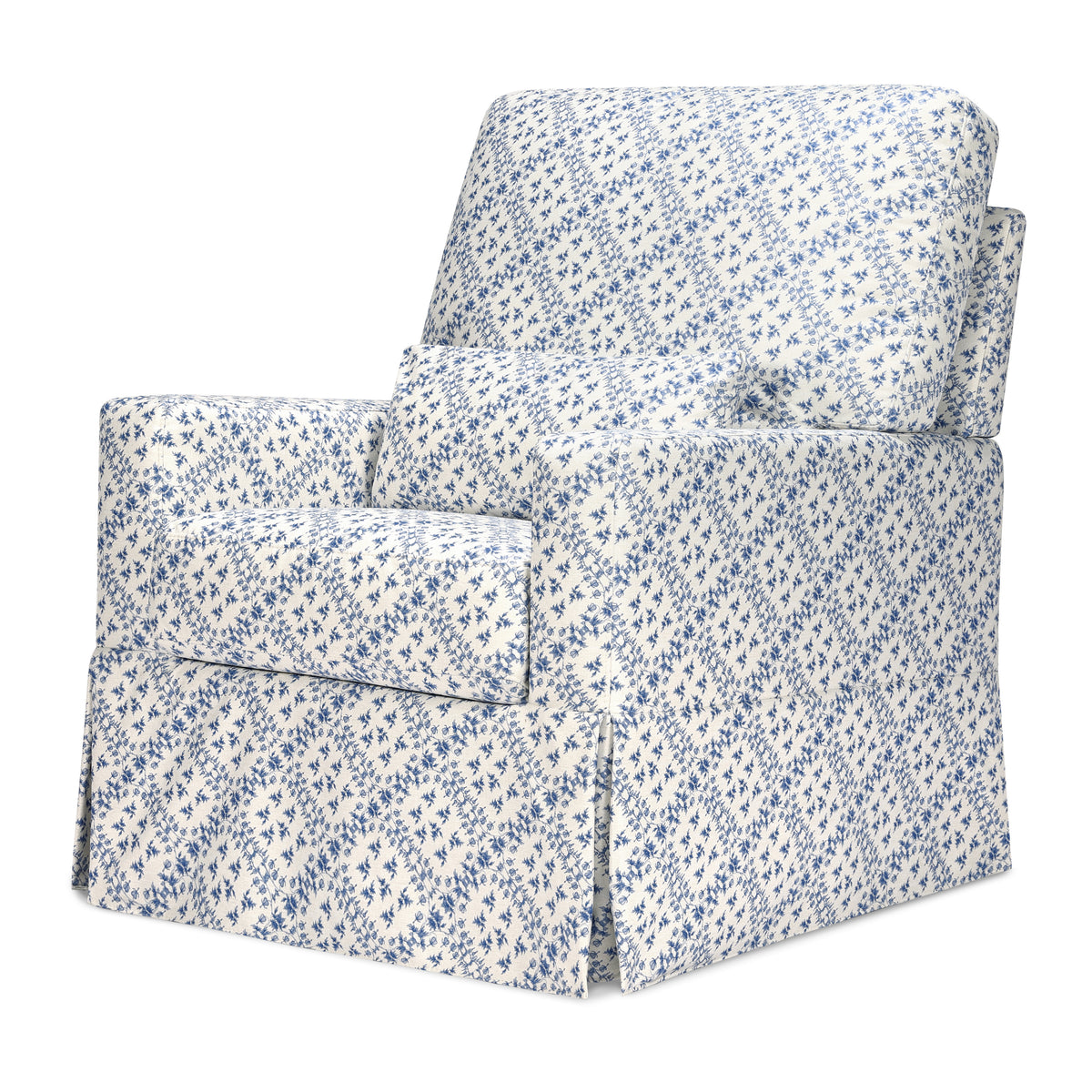 Front view of Sarah Flint x Namesake Crawford Swivel Glider with Blue Lattice upholstery, pillow back, and lumbar cushion