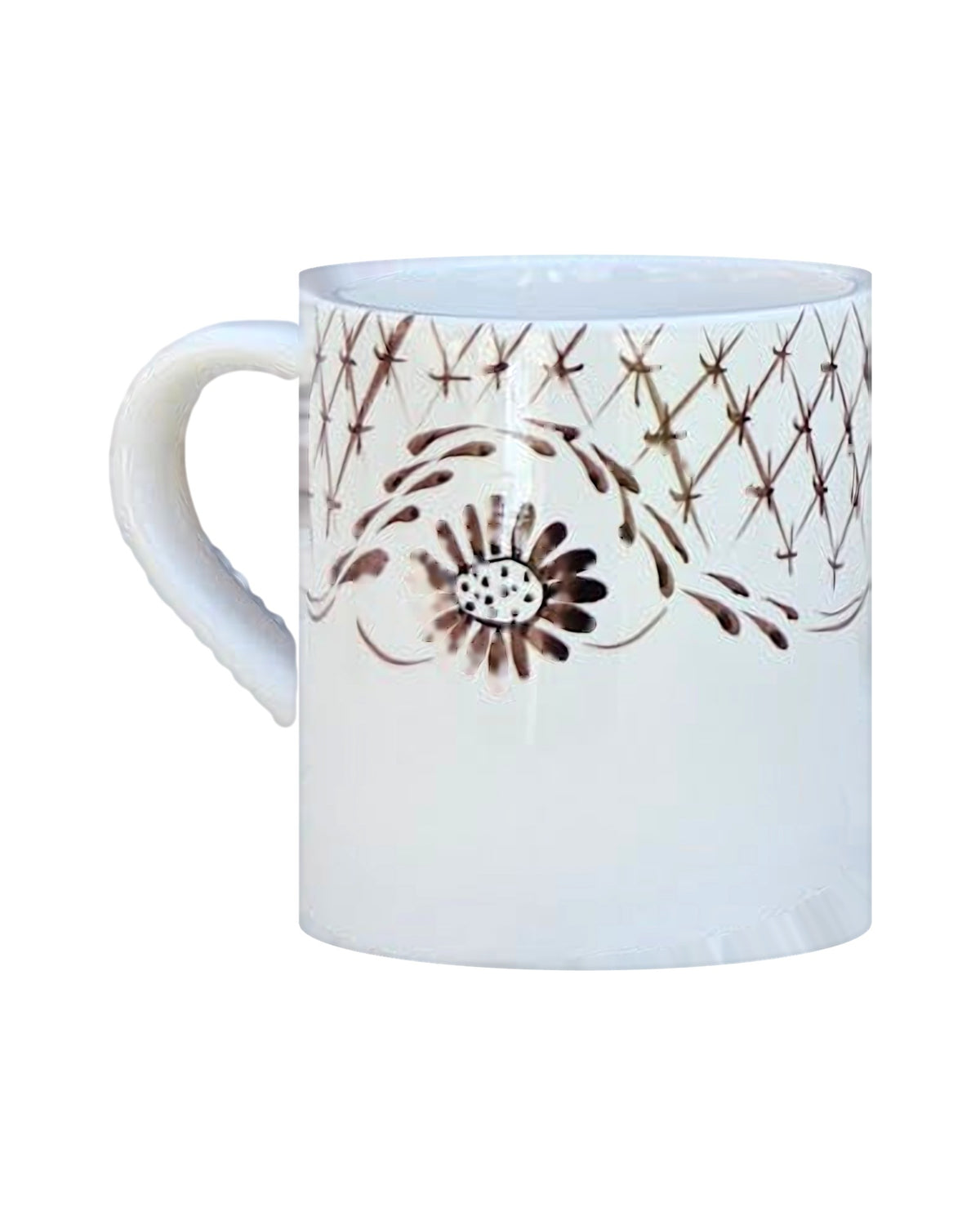 Front view of Wren Mug showcasing hand-painted floral and lattice decoration with a white background