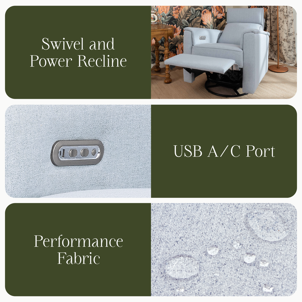 Willa Plus Power Glider Recliner w/ Power Headrest in Performance Blue Chambray Eco-Twill