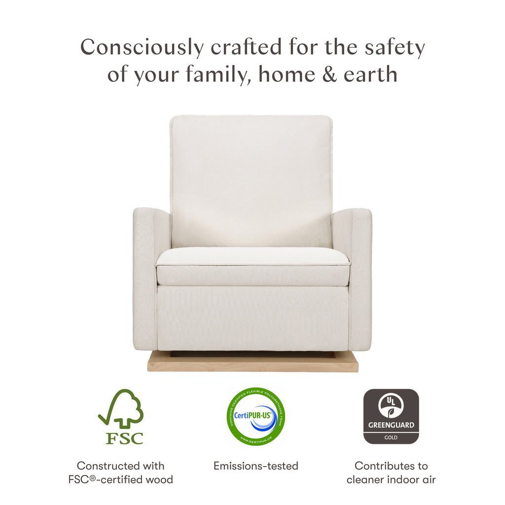 Cali Pillowback Chair and a Half Glider in Eco-Performance Fabric | Water Repellent & Stain Resistant in Performance Cream Eco-Weave with Light Wood Base