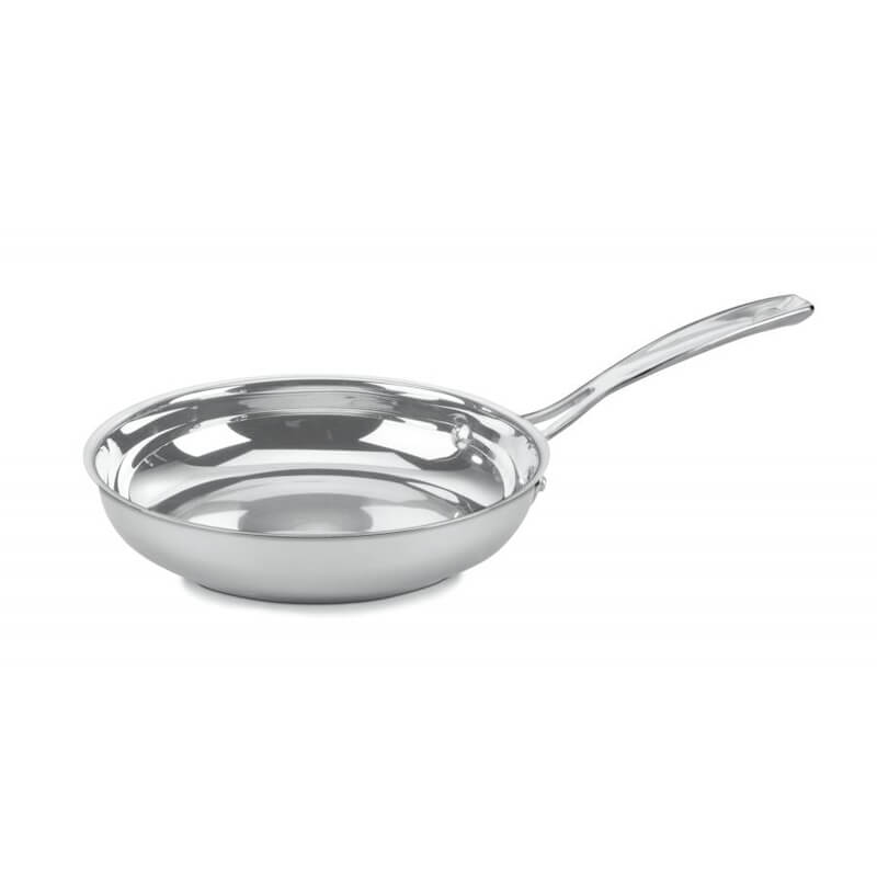 Angled view of Contour Collection 8-inch skillet showcasing stainless steel construction and cool-grip handle