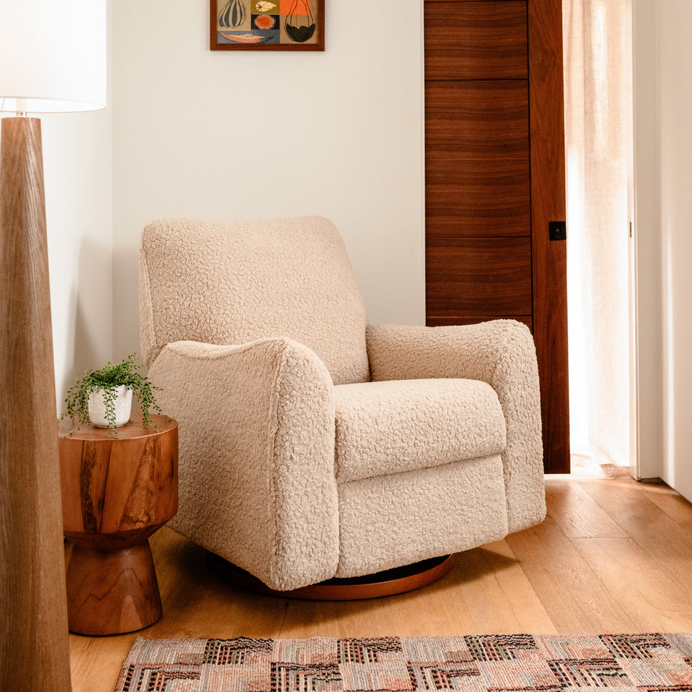 Sunday Power Recliner and Swivel Glider in Chai Shearling with Dark Wood Base