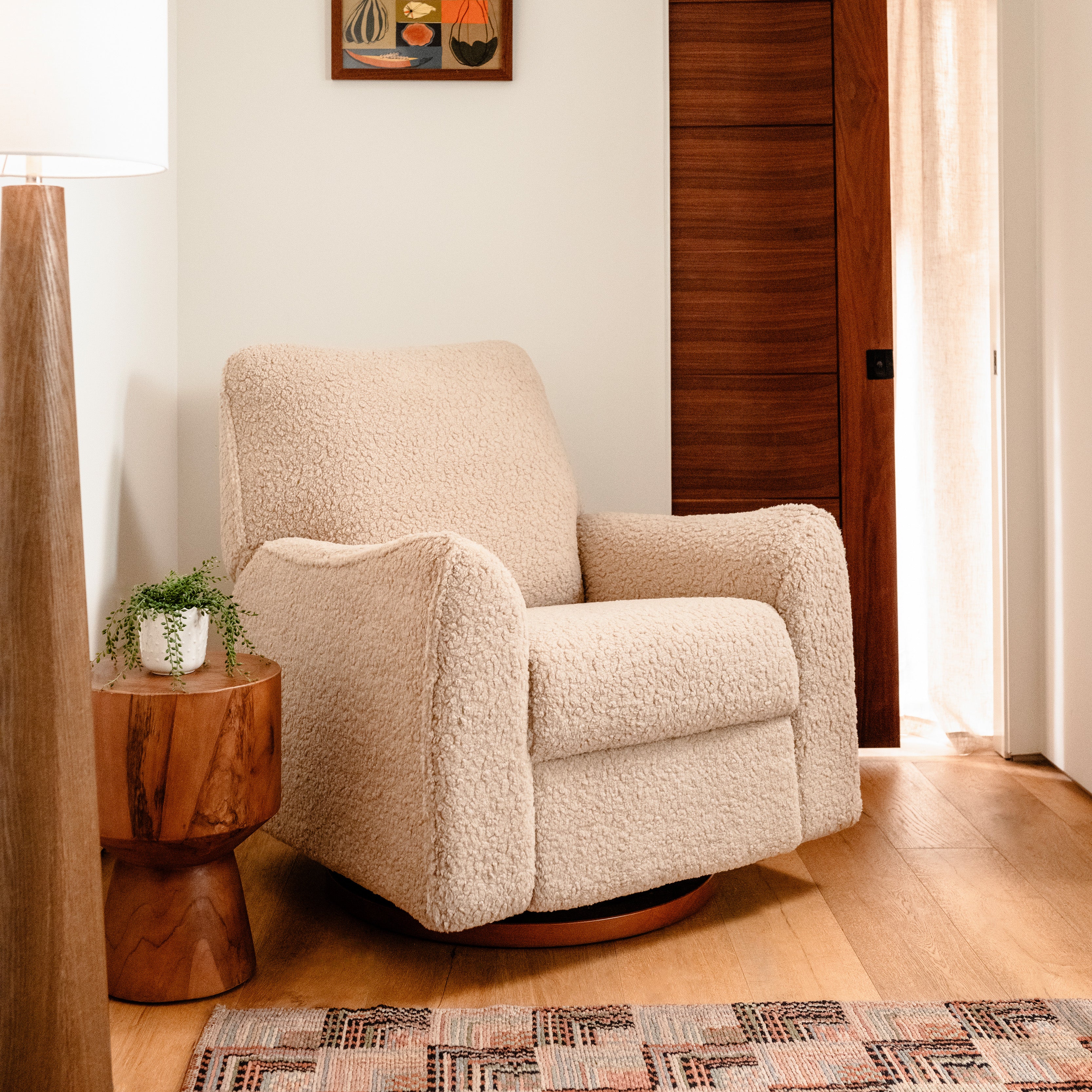 Sunday Power Recliner and Swivel Glider in Chai Shearling with Dark Wood Base