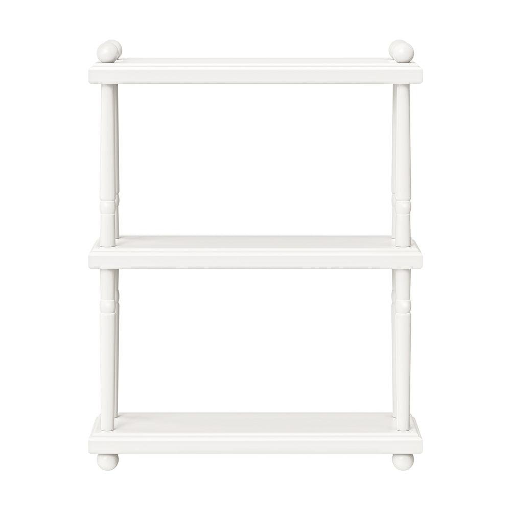 Front view of Liberty Tiered Wall Shelf in Warm White with three open tiers, turned corner pillars, and ball accents
