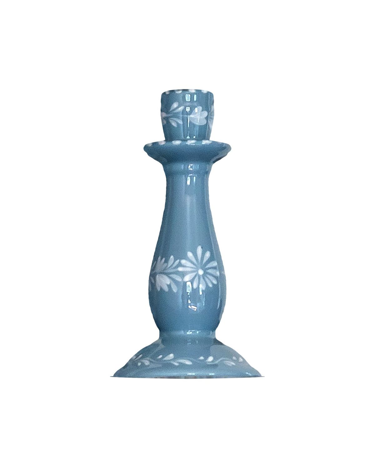 Front view of Wythe Candlestick showcasing blue ceramic with hand-painted pineapple and flower motif on white background