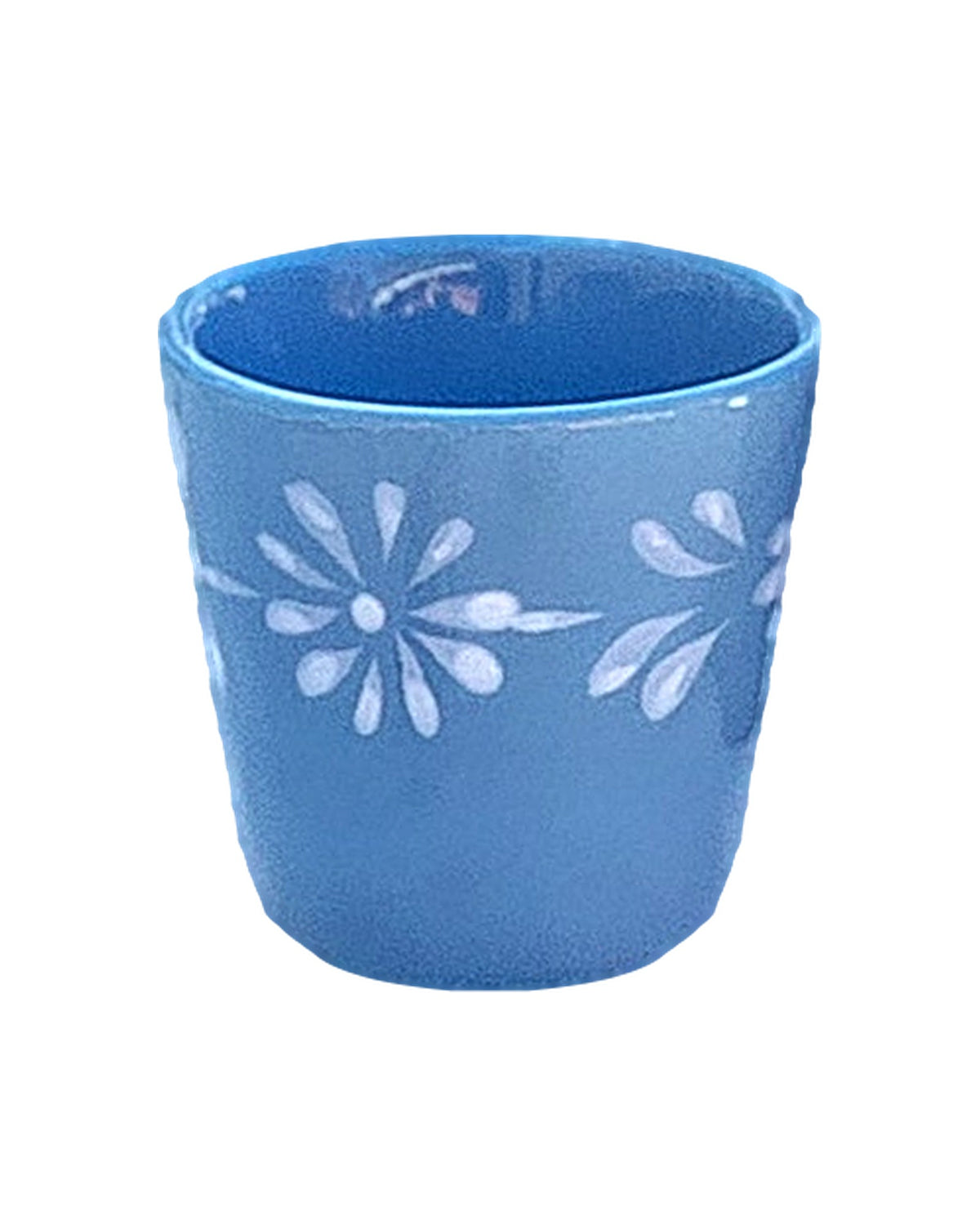 Front view of Wythe Espresso Cup set of 4 showcasing blue ceramic with hand-painted pineapple and flower motif on a white background