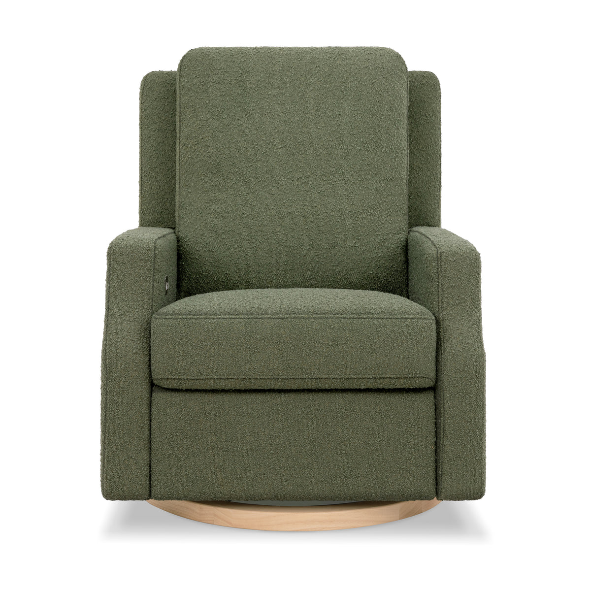 Front view of Crewe Electronic Recliner and Swivel Glider showcasing olive boucle upholstery and light wood base