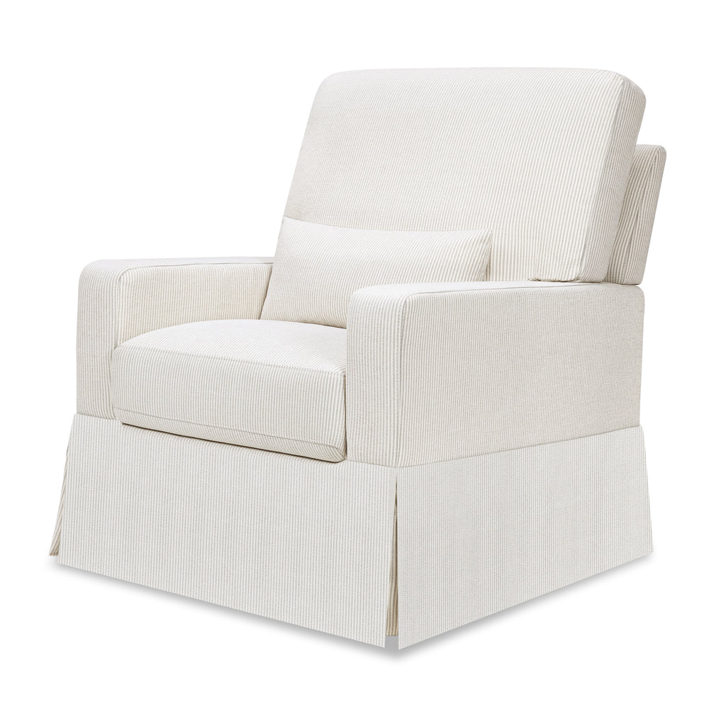 Angled view of Crawford Pillowback Swivel Glider showing pillowback and skirted base in Fog Chatham Stripe on white