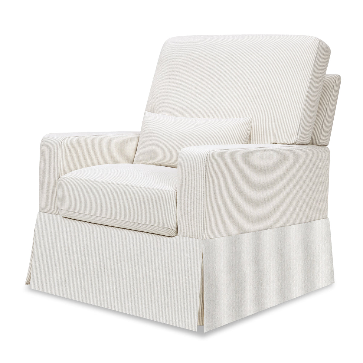 Angled view of Crawford Pillowback Swivel Glider showing pillowback and skirted base in Fog Chatham Stripe on white