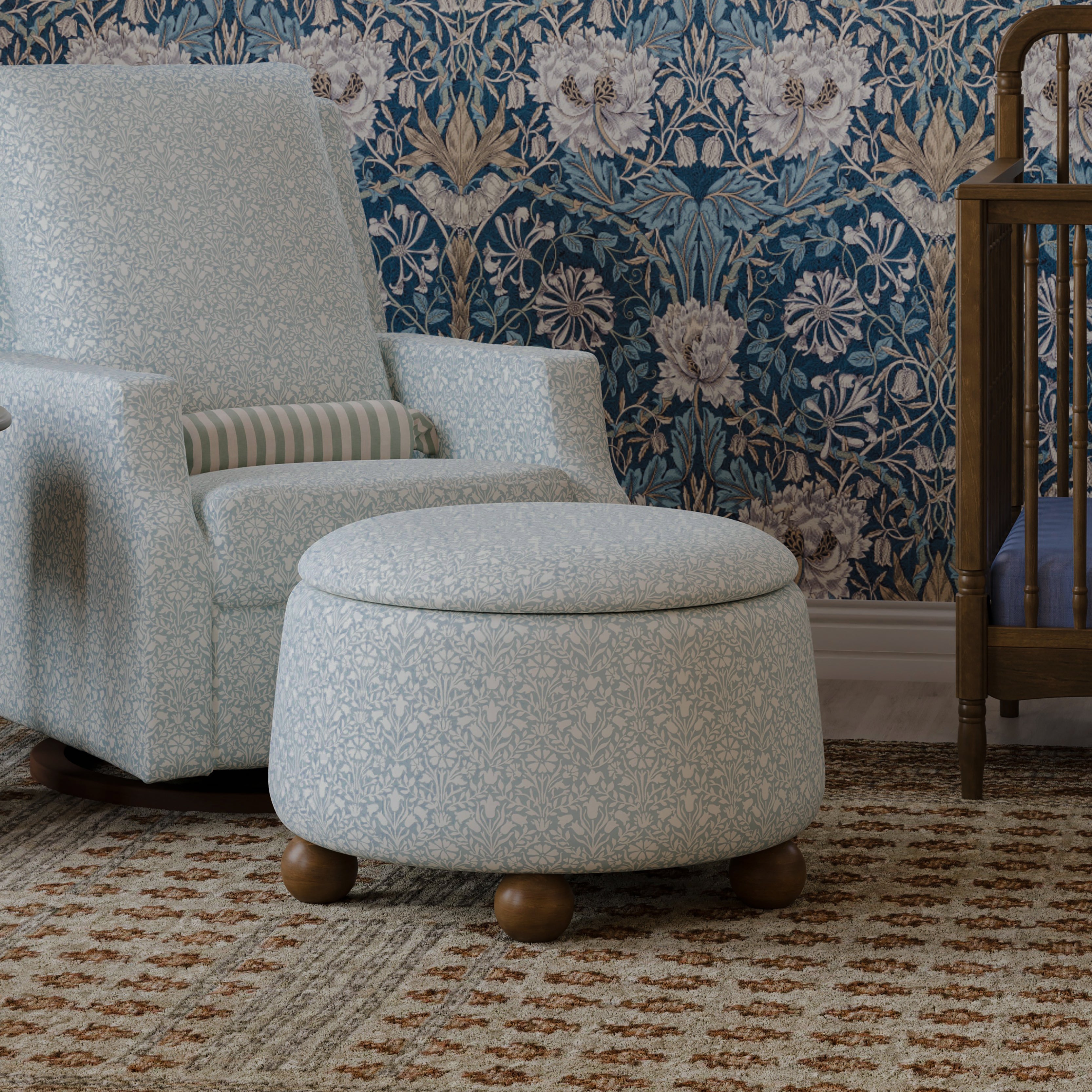 Morris & Co. x Namesake Tuffet Storage Ottoman Bellflowers in Powdered Blue