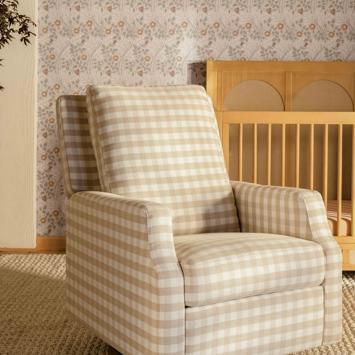 Crewe Electronic Recliner and Swivel Glider in Tan Gingham with Light Wood Base
