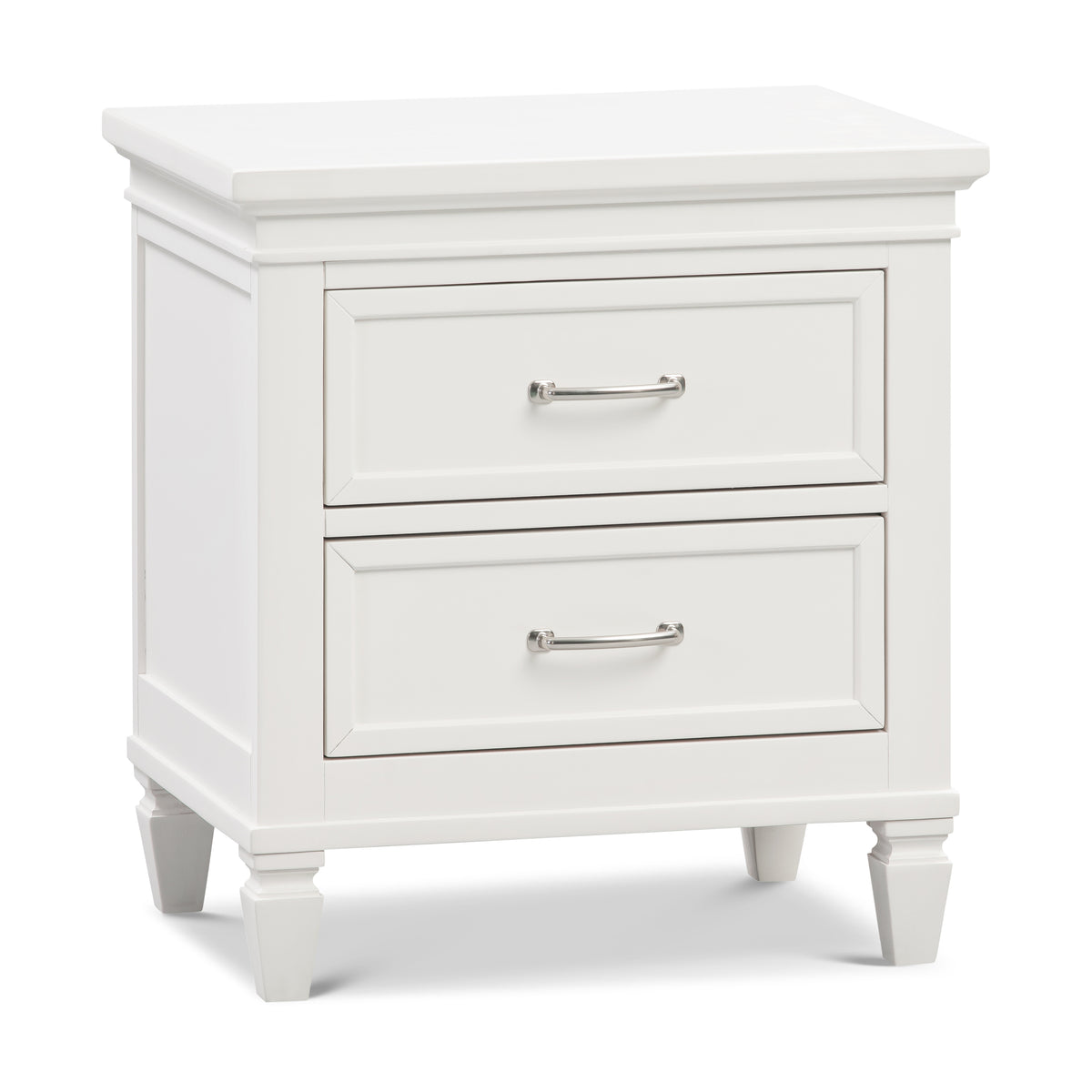 Angled view of Darlington nightstand in warm white with two drawers, satin nickel handles, and tapered legs