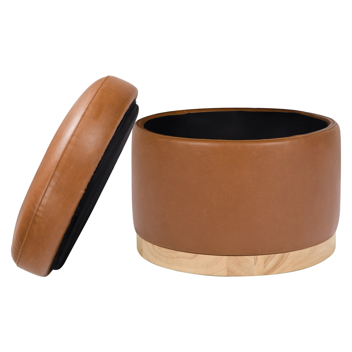 Naka Storage Ottoman in Vegan Leather in Vegan Tan Leather with Light Wood Base