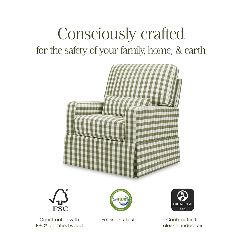 Promotional graphic of green gingham swivel glider with headline ‘Consciously crafted’ and FSC, CertiPUR‑US, GREENGUARD badges
