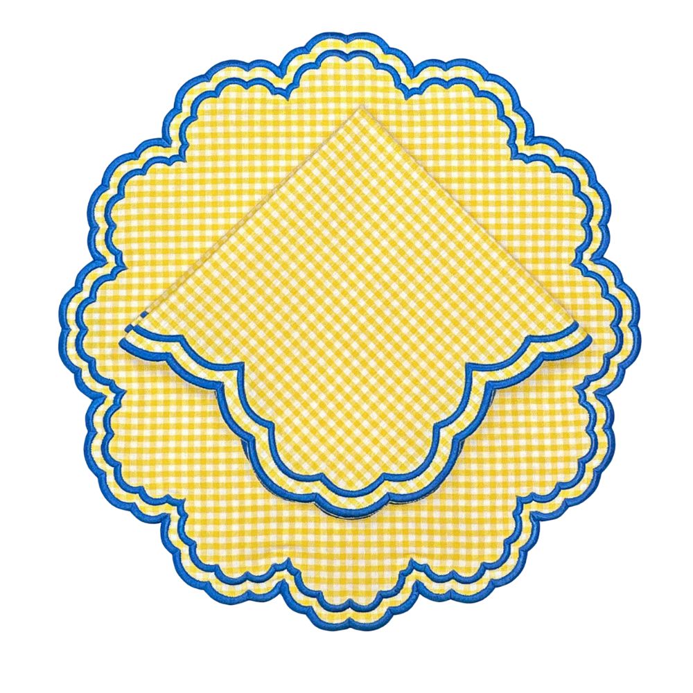 Yellow gingham napkin with blue embroidery - luxury napkin and placemat