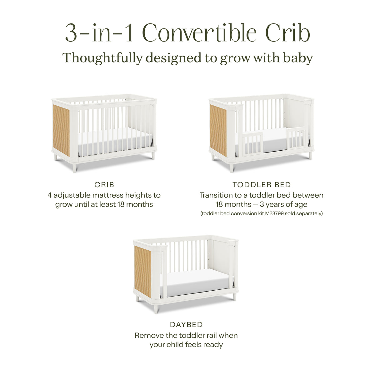 Marin with Cane 3-in-1 Convertible Crib in Warm White & Honey Cane