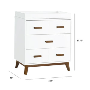 Scoot 3-Drawer Changer Dresser with Removable Changing Tray in White & Natural Walnut