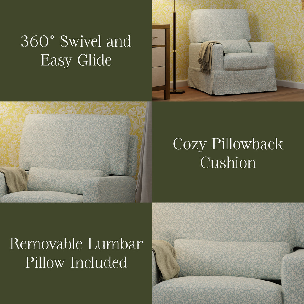 Morris & Co. x Namesake Crawford Pillowback Comfort Swivel Glider Bellflowers in Powdered Blue