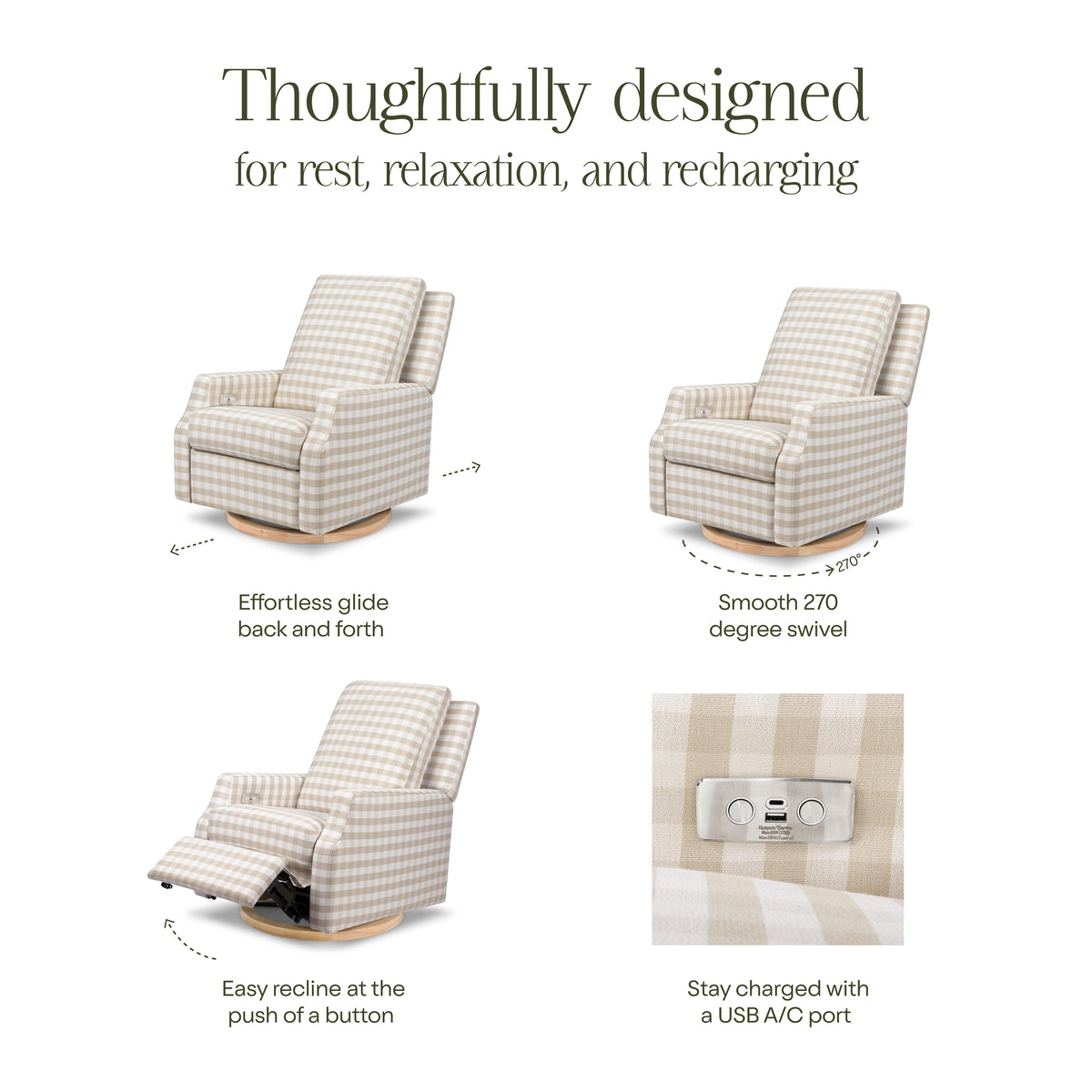 Crewe Electronic Recliner and Swivel Glider in Tan Gingham with Light Wood Base