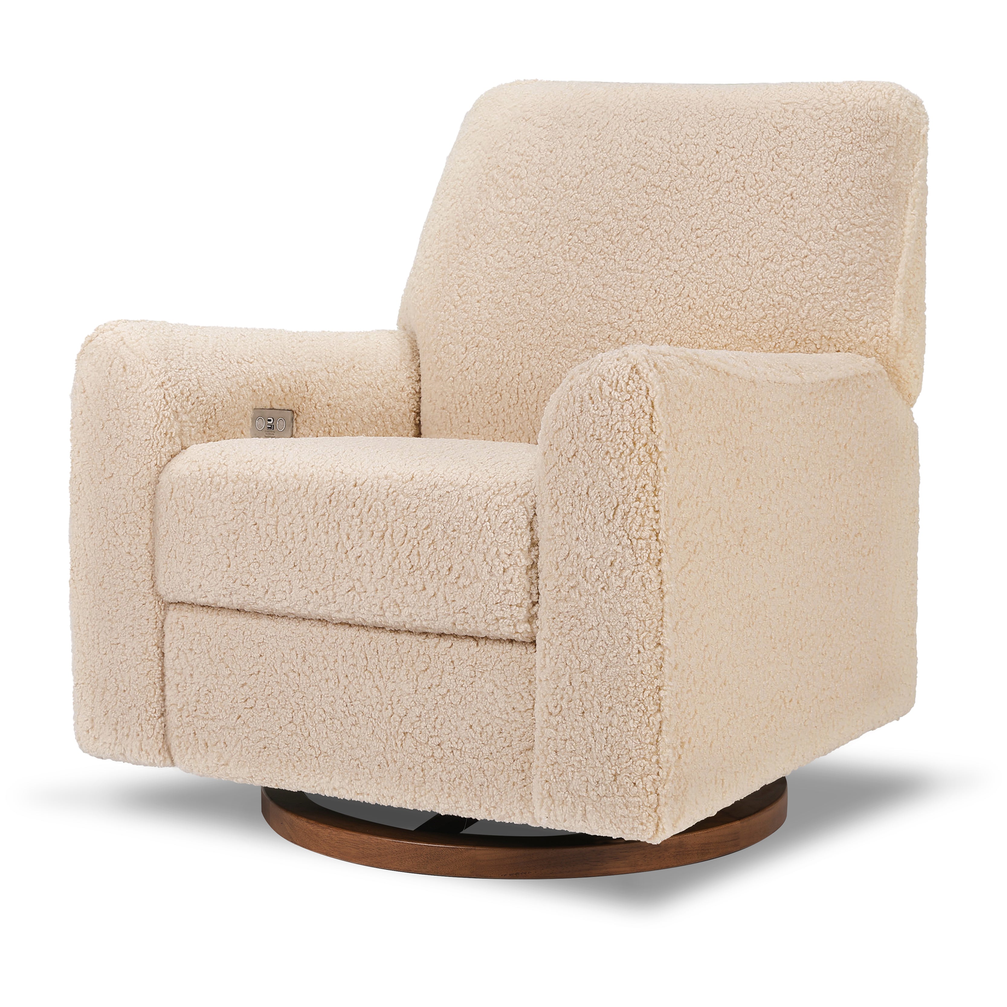 Sunday Power Recliner and Swivel Glider in Chai Shearling with Dark Wood Base