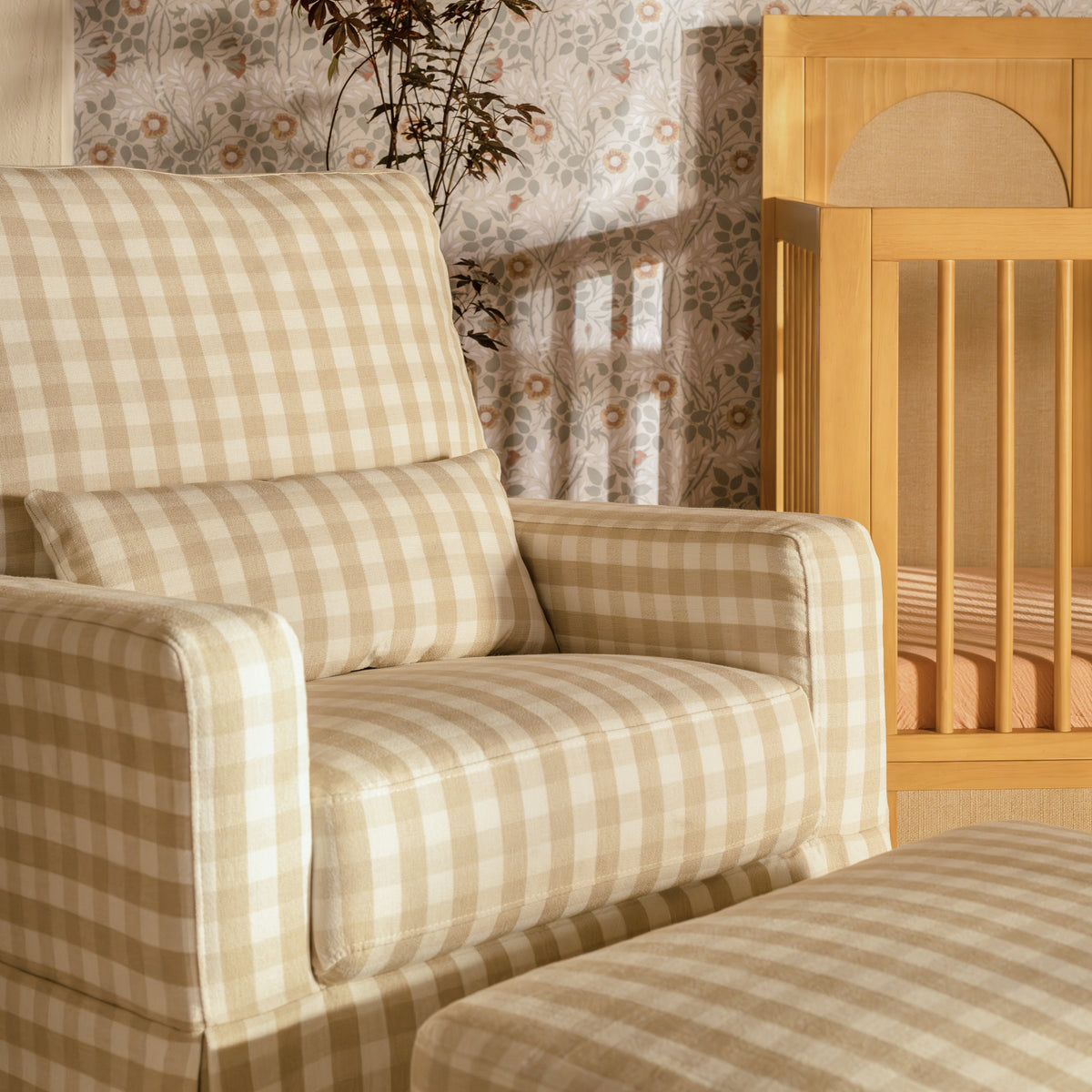 Crawford Pillowback Comfort Swivel Glider in Tan Gingham