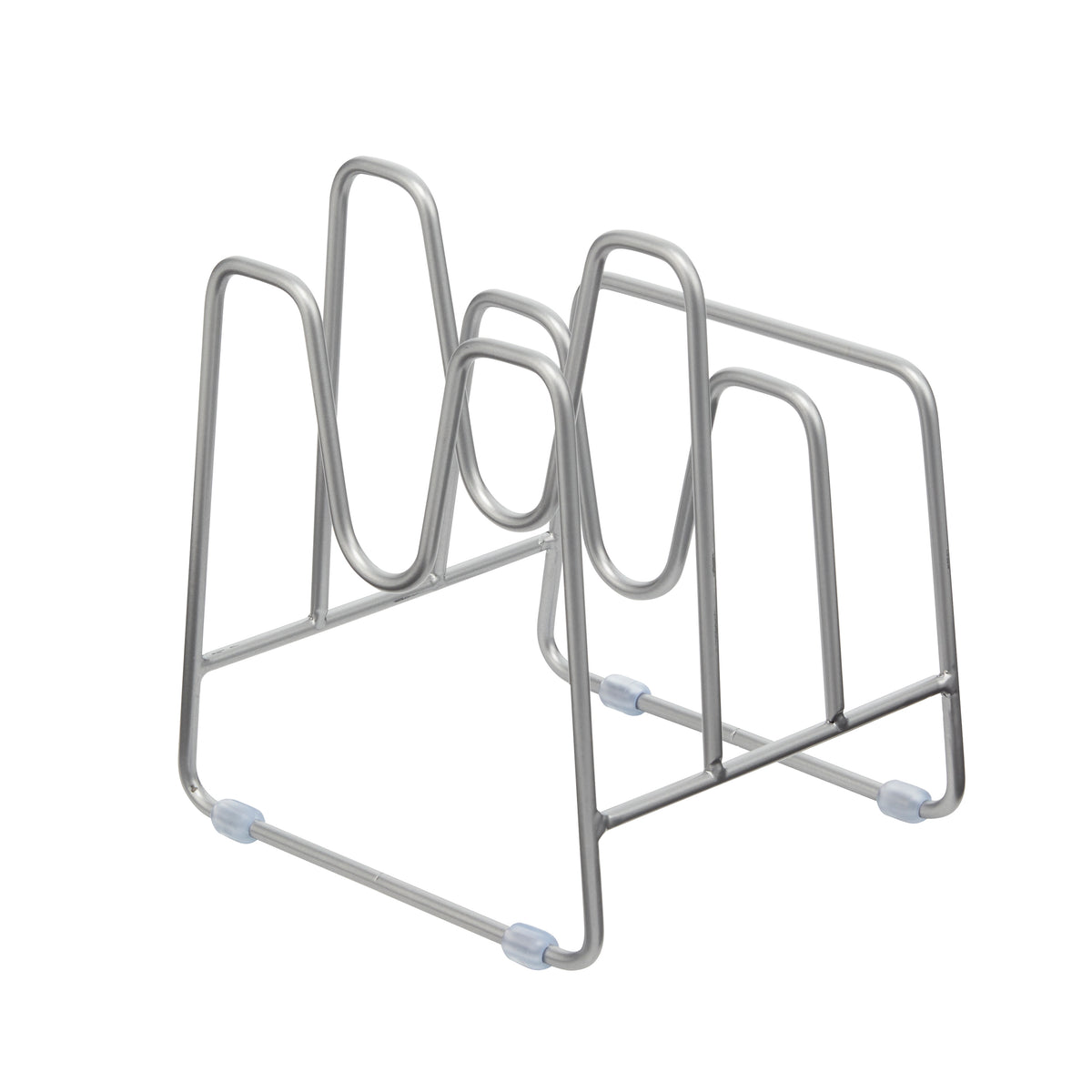 Three-quarter view of stainless steel cookware organizer rack showcasing multiple vertical dividers with white background