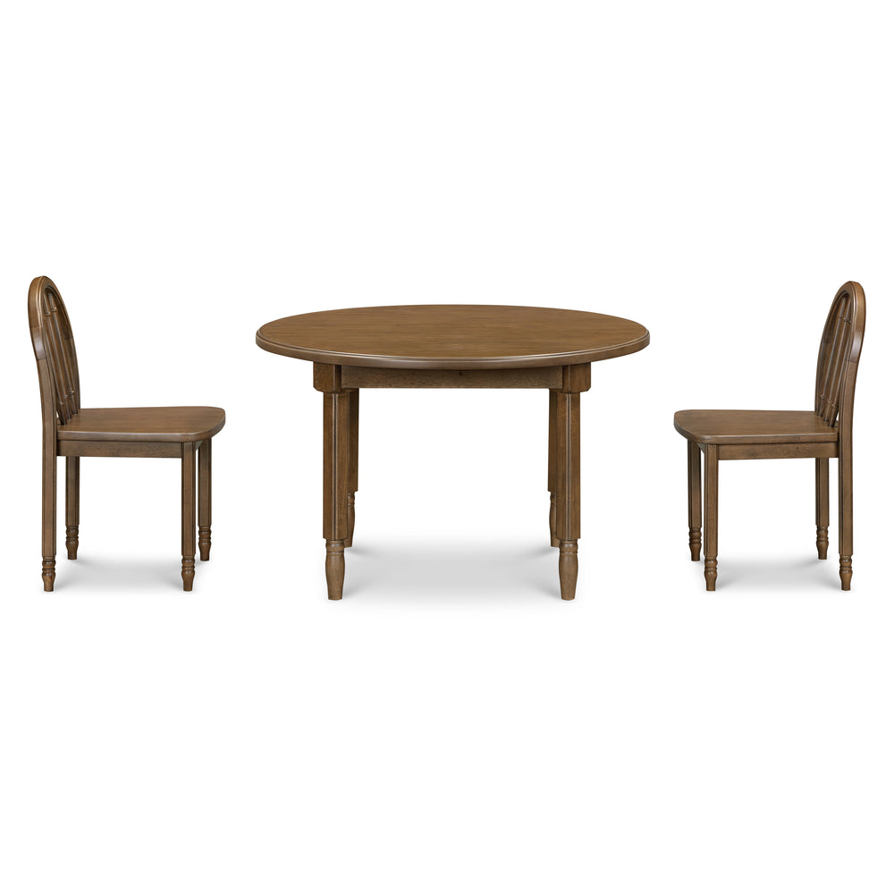 Front view of Liberty play table and spindle chairs set in natural walnut with oval table and two chairs