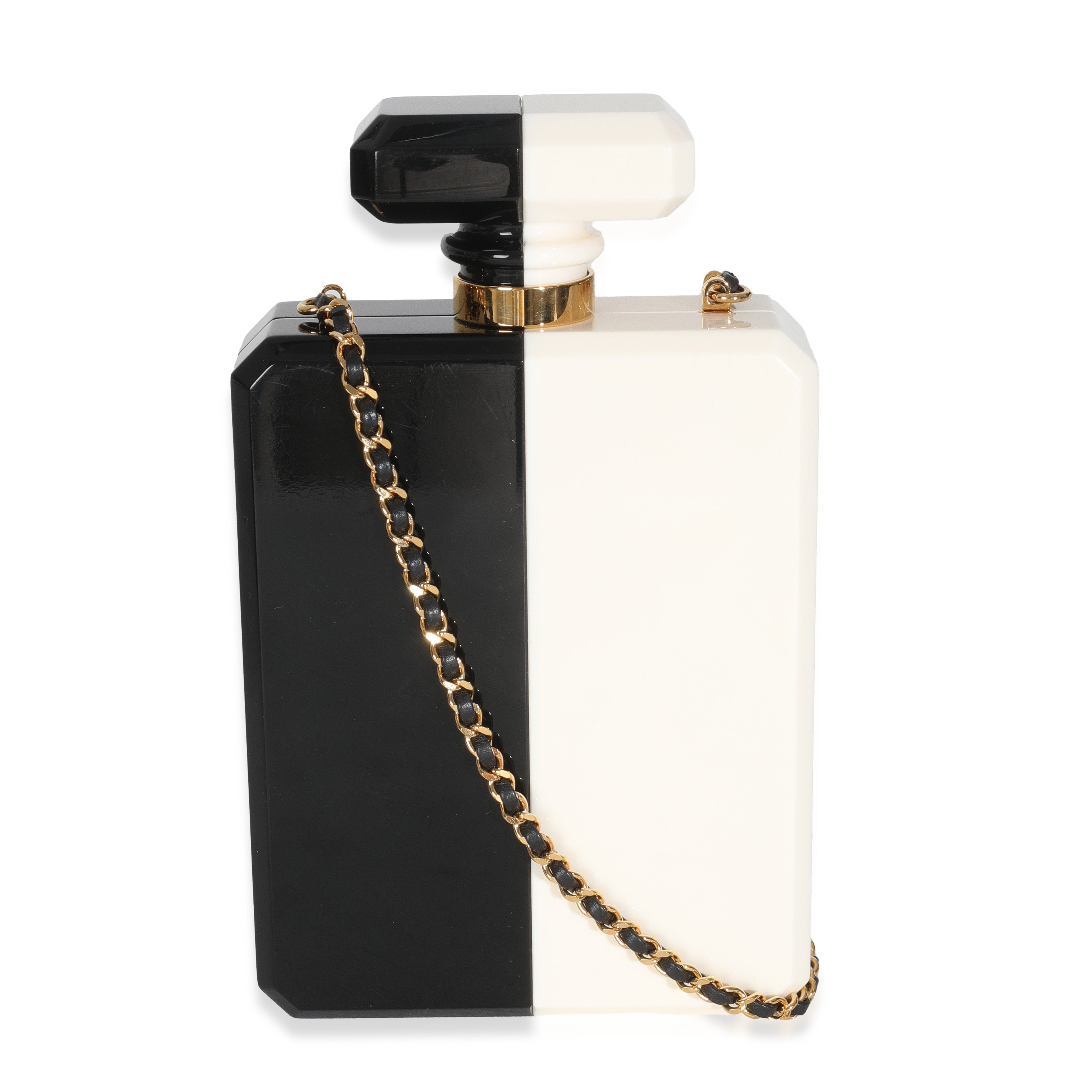 Chanel White Black Plexiglass Perfume Bottle Clutch