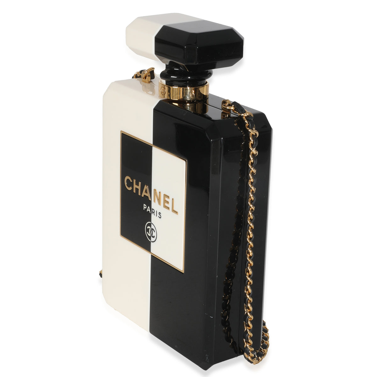 Chanel White Black Plexiglass Perfume Bottle Clutch