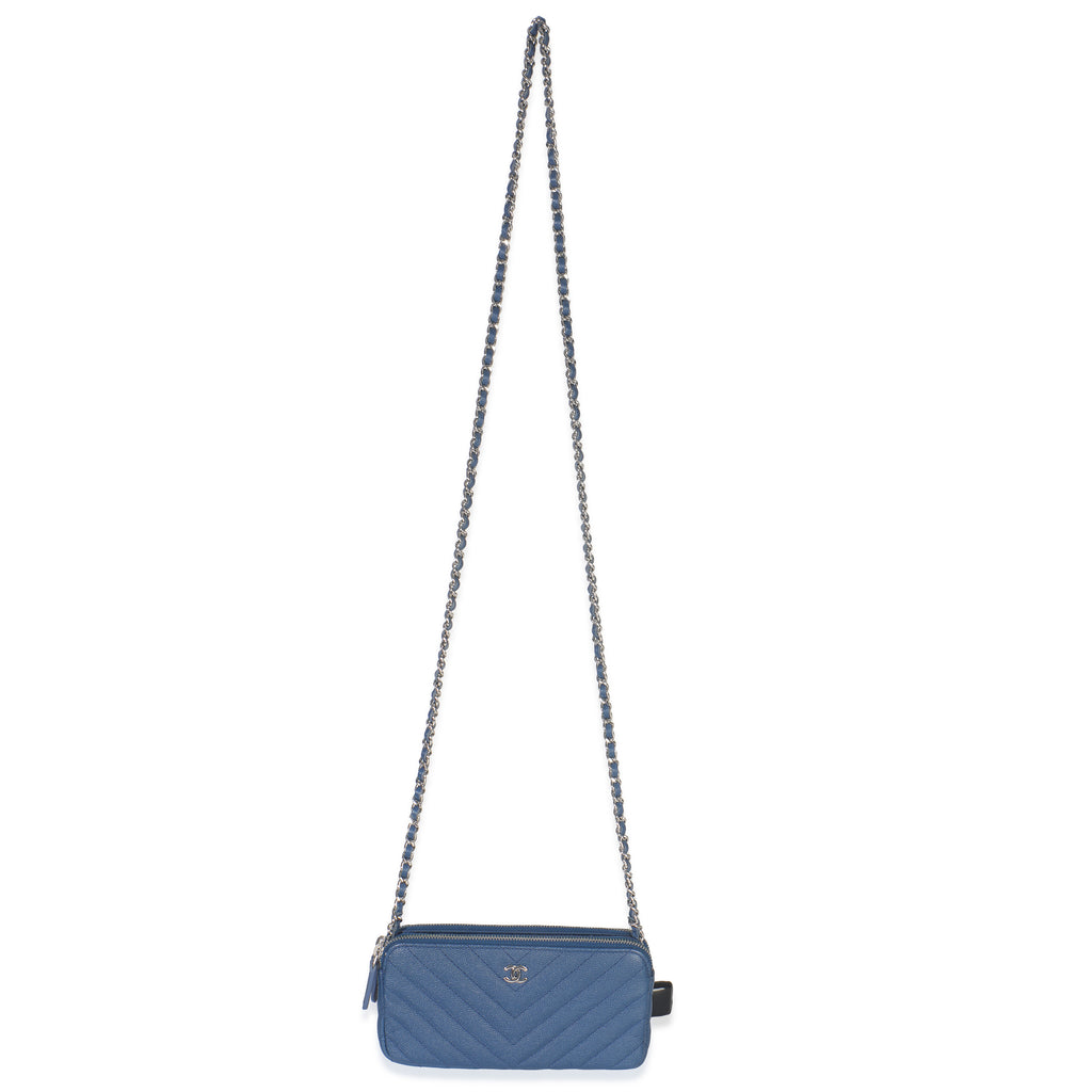 Chanel Blue Chevron Caviar Double Zip Clutch Handbag