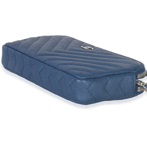 Chanel Blue Chevron Caviar Double Zip Clutch Handbag