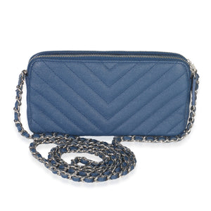 Chanel Blue Chevron Caviar Double Zip Clutch Handbag
