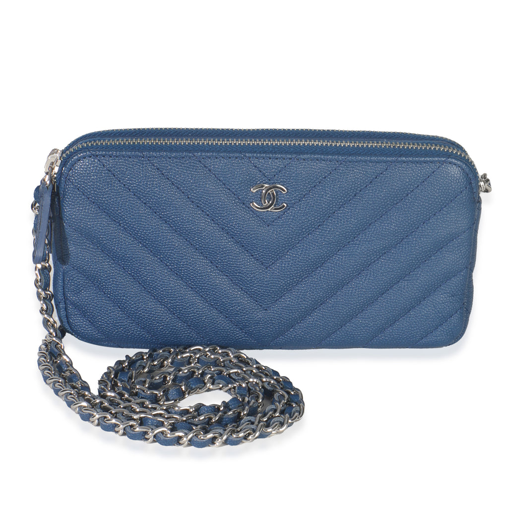 Chanel Blue Chevron Caviar Double Zip Clutch Handbag