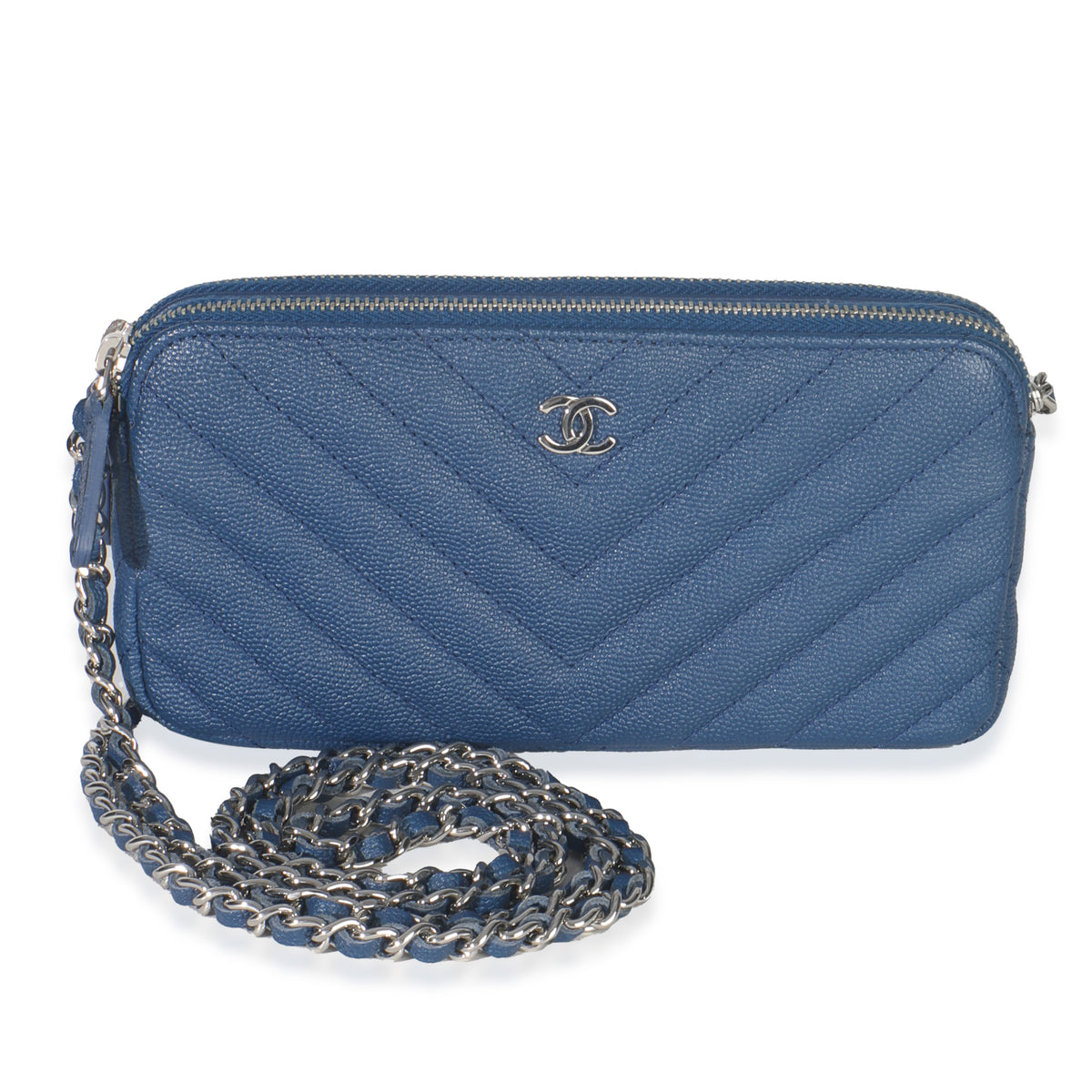 Chanel Blue Chevron Caviar Double Zip Clutch Handbag