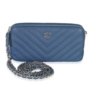 Chanel Blue Chevron Caviar Double Zip Clutch Handbag