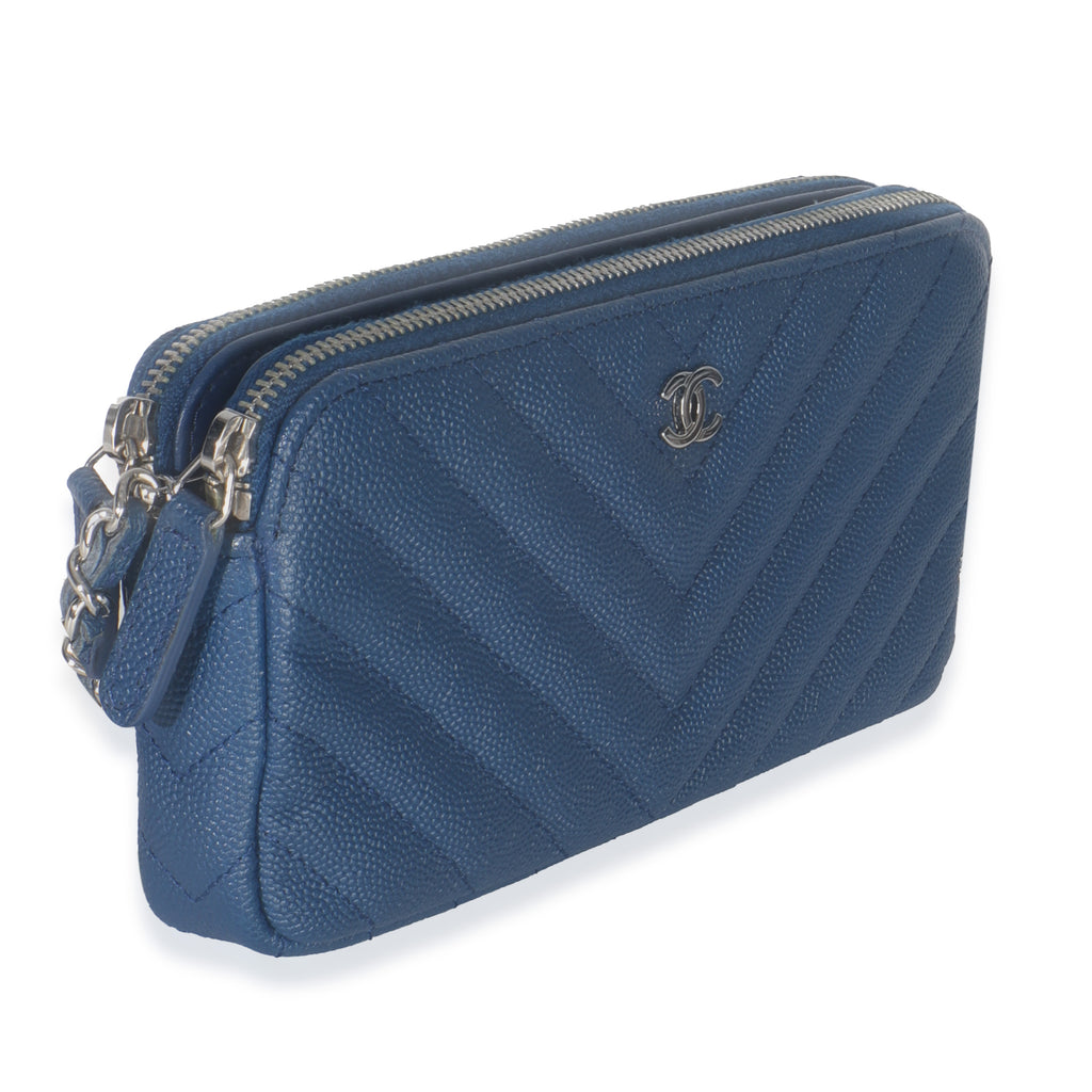 Chanel Blue Chevron Caviar Double Zip Clutch Handbag