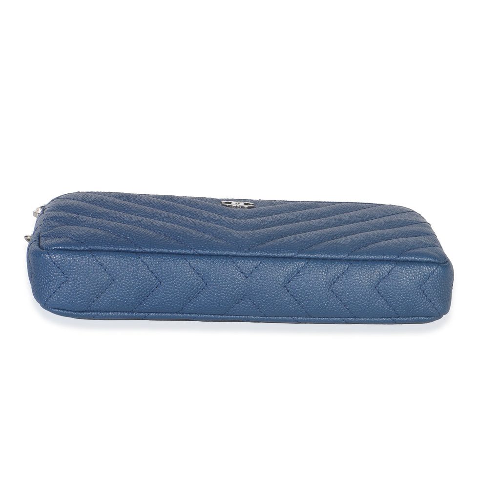Chanel Blue Chevron Caviar Double Zip Clutch Handbag