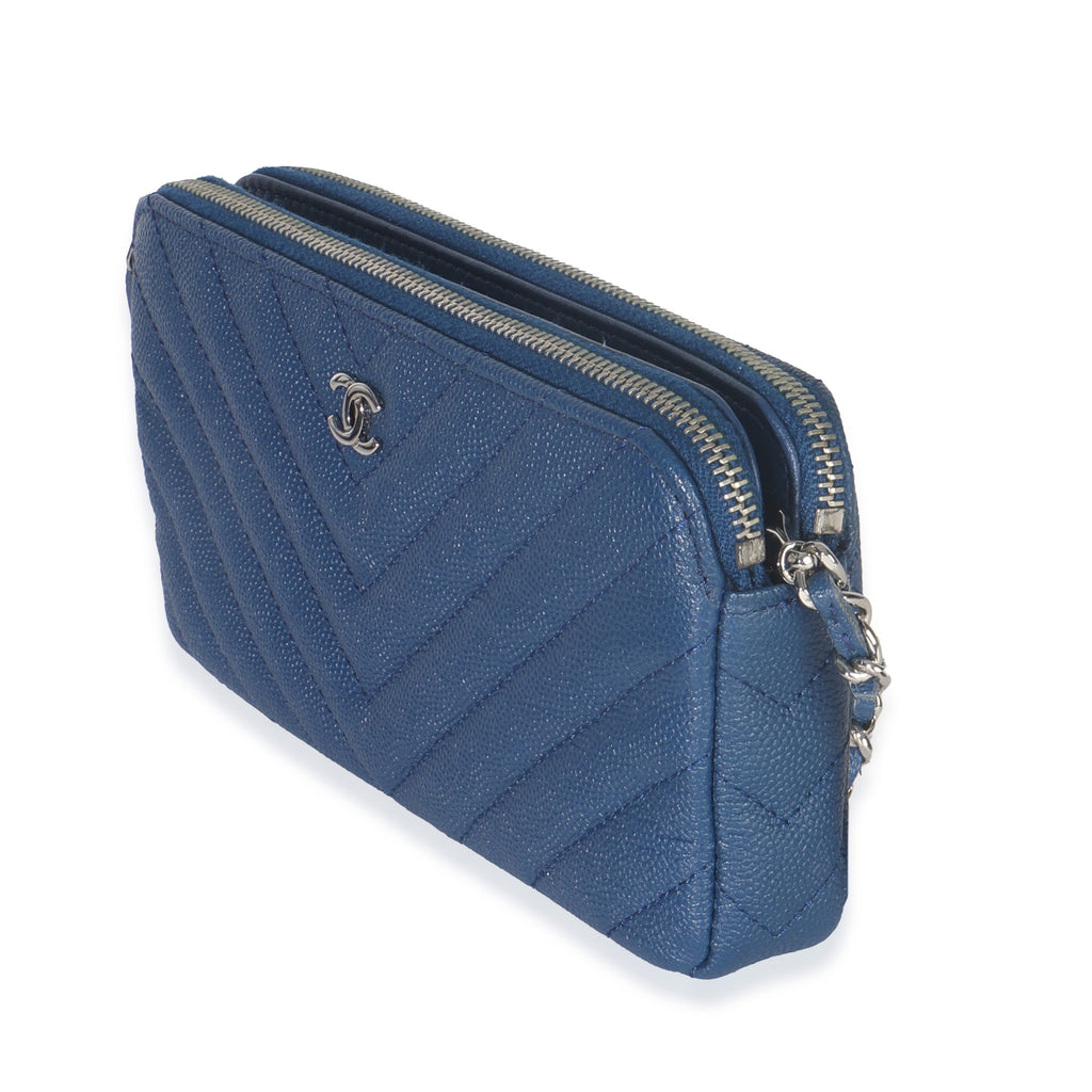 Chanel Blue Chevron Caviar Double Zip Clutch Handbag