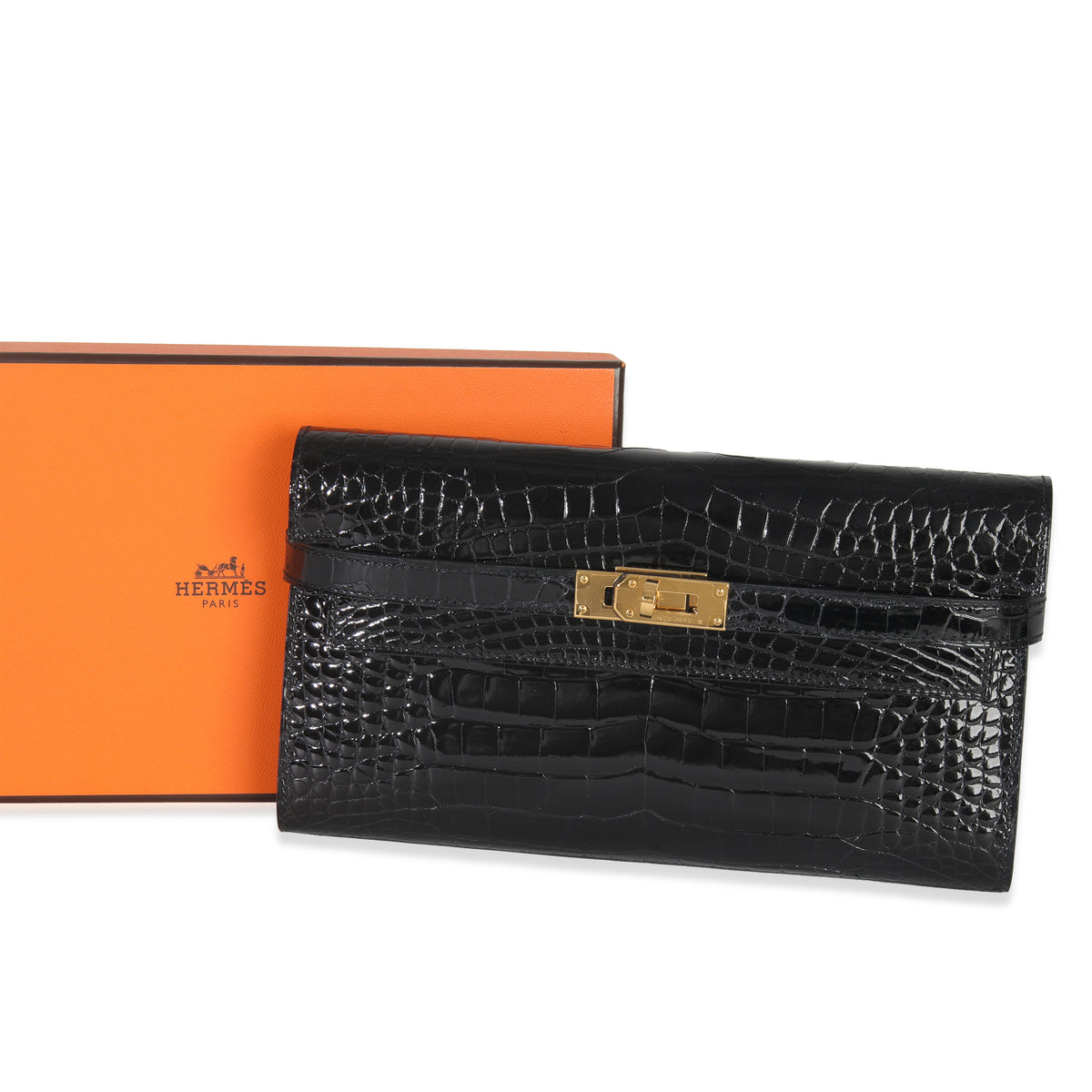 Hermes Black Shiny Alligator Kelly Longue Wallet GHW