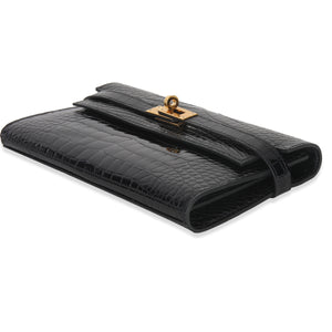 Hermes Black Shiny Alligator Kelly Longue Wallet GHW