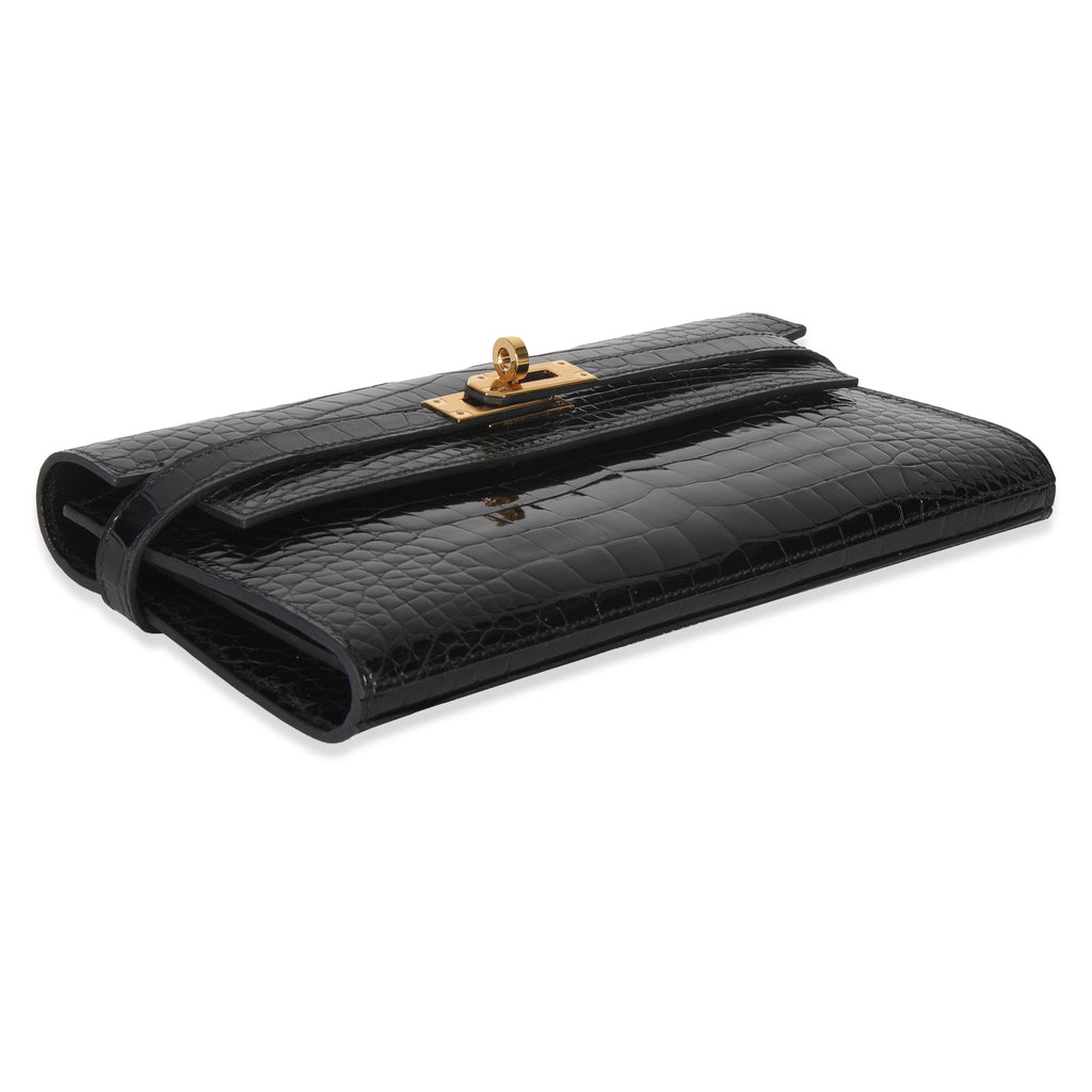 Hermes Black Shiny Alligator Kelly Longue Wallet GHW