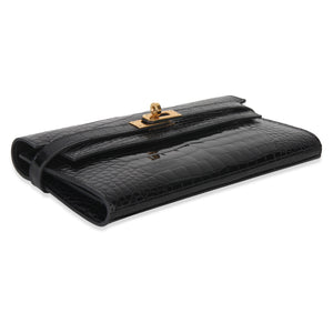 Hermes Black Shiny Alligator Kelly Longue Wallet GHW