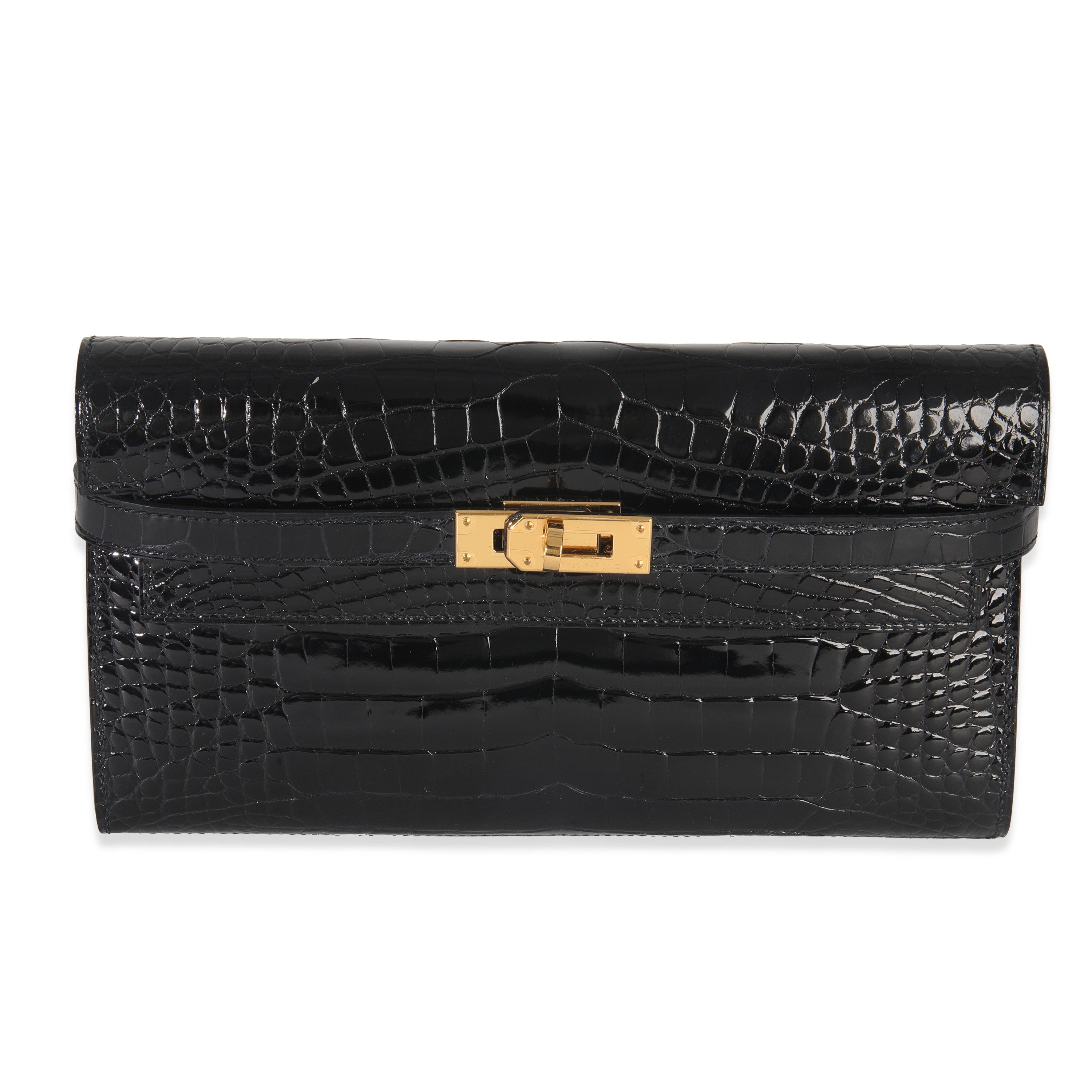 Hermes Black Shiny Alligator Kelly Longue Wallet GHW
