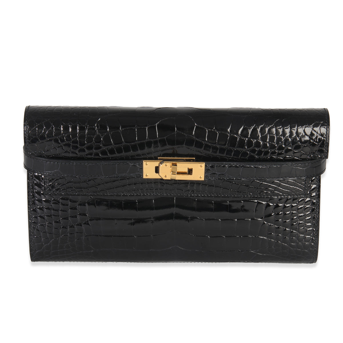 Hermes Black Shiny Alligator Kelly Longue Wallet GHW