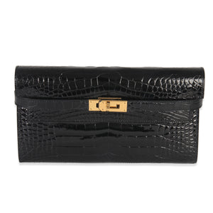 Hermes Black Shiny Alligator Kelly Longue Wallet GHW