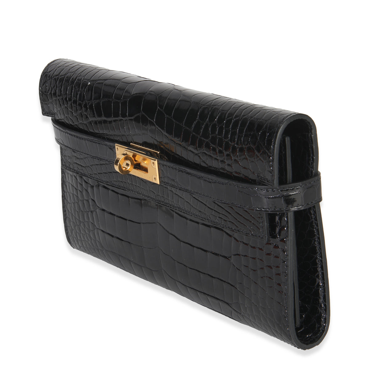 Hermes Black Shiny Alligator Kelly Longue Wallet GHW