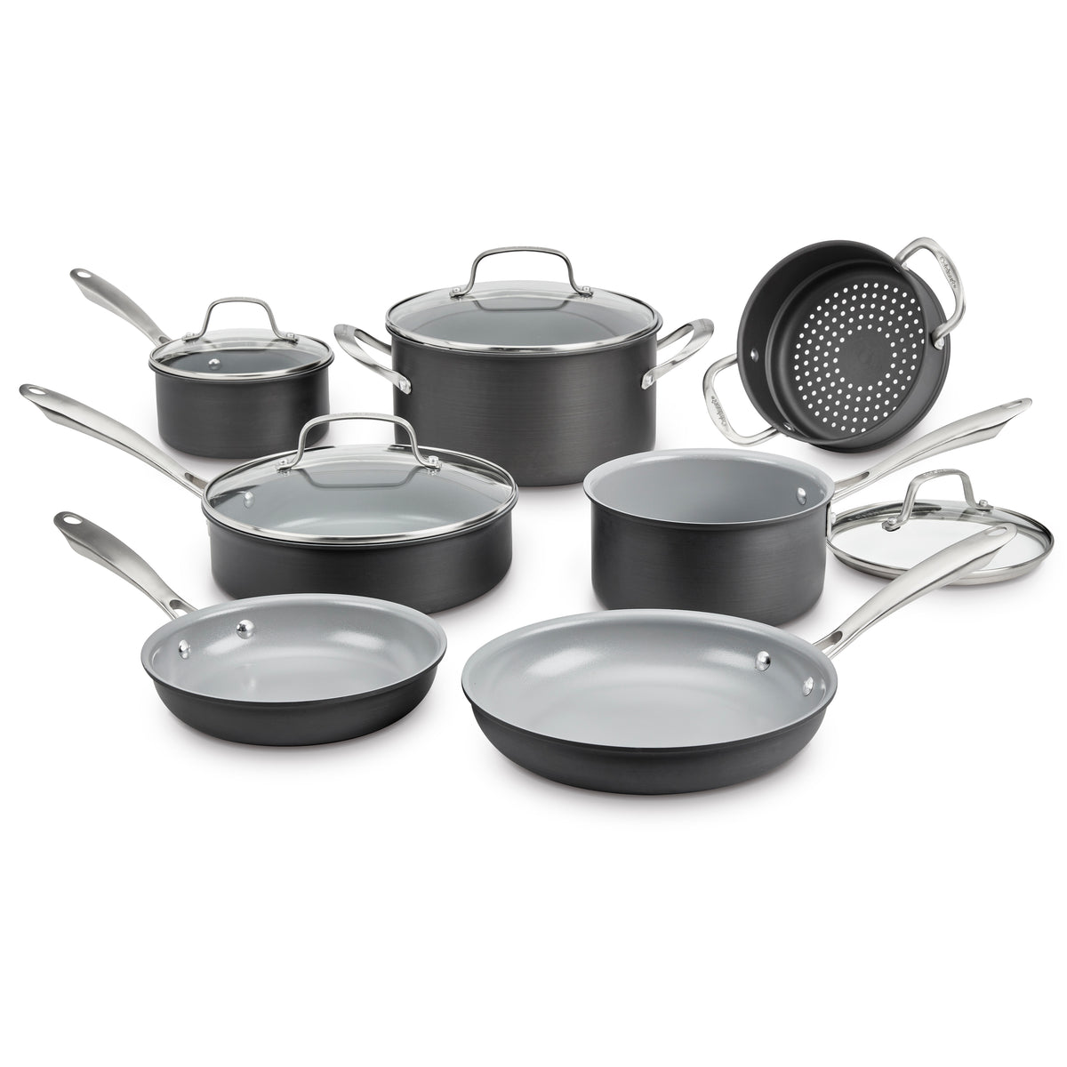 Front view of 11-piece GreenGourmet cookware set in black with glass lids, stainless handles, and gray nonstick interior