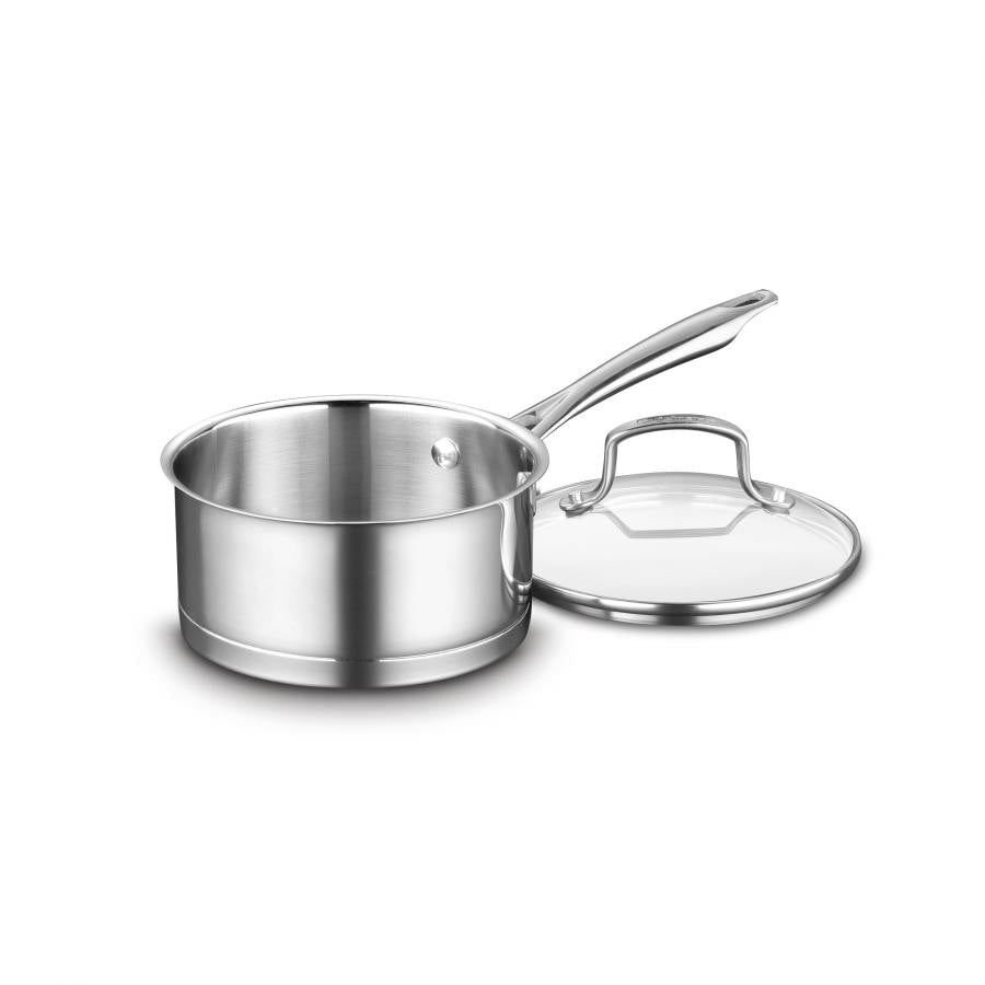 Angled view of Professional Series 1.5 Quart saucepan with cover, stainless steel body and tempered glass lid on white